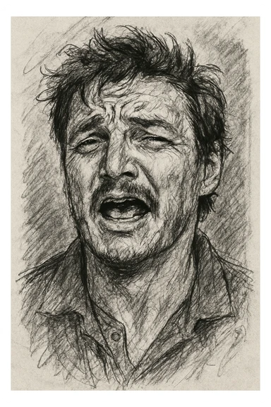 hand-drawn sketch of Pedro Pascal with expressive face sticker