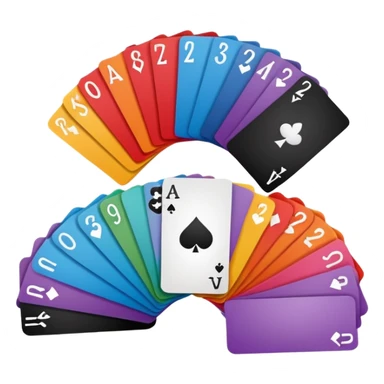 Minimalistic flat vector icon, iOS style, thin black contour on white background. Deck of abstract cards fanned out, each with simple symbols. Clean, no text, no shadows sticker