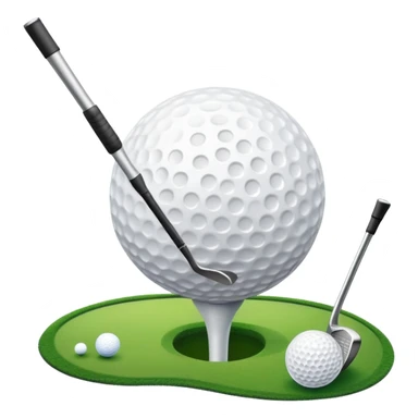 A golf ball on a tee, with a golf club placed beside it on the lush green fairway. The background shows a serene golf course with neatly trimmed grass and a clear blue sky, emphasizing the elegance and precision of the game. sticker