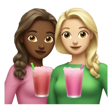 Brown haired girl and blonde haired girl holding pink and green drinks sticker