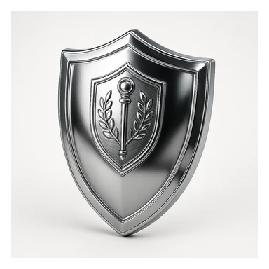 a chrome shield with a staff emblem, symbolizing protection, unity, and the best qualities of the staff team sticker