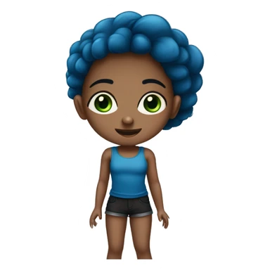 Niña con pelo marrón ojo verde con azules ropa una camiseta Top negro, unos pantalones Short azules sticker