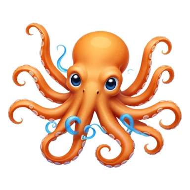 Cinematic Comical smirking Octopus Portrait Emoji, Head tilted dramatically with an exaggeratedly amused expression, featuring a rotund, light orange body festooned with bold blue rings and eight wildly expressive arms with comically animated suckers, Simplified yet hilariously expressive features, highly detailed, glowing with a slightly sassy underwater glow, high shine, dramatic yet playful, stylized with an air of quirky marine mischief, soft glowing outline, capturing the essence of a meme-worthy octopus that looks ready to squirt its way into viral fame! sticker
