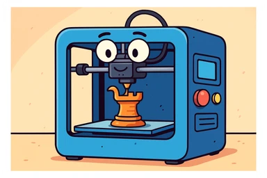 3D printer, playful cartoon style, fun, exaggerated features, bright colors sticker