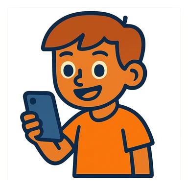a tan boy with light brown hair holding a phone, vibrant cartoon style sticker
