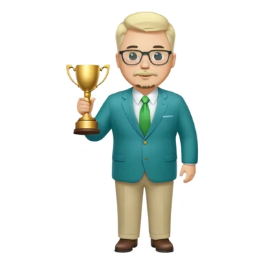 Full Body white fat male  wearing glasses with a goatee with light blonde gray very short hair basketball head Coach in blue and green suit holding trophy sticker