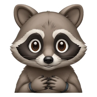 raccoon mascot thinking softly, hand on chin, curious expression, rounded shapes, minimal detail, smooth cartoon shading, ASD-friendly sticker