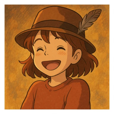 girl wearing a brown fedora with a feather, cheerful, warm lighting, ghibli style sticker