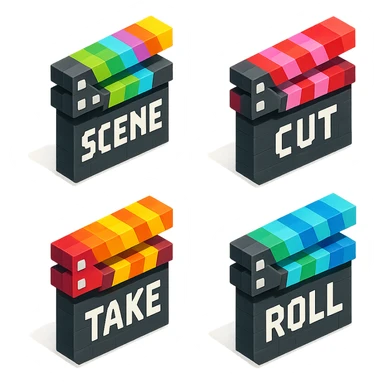 isometric view collection of movie clapperboards in voxel style, each with different colorful lids and unique text sticker