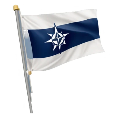 Generate a rectangular, symmetrical NATO flag with a dark blue background and a white compass rose, waving in the wind. No poles or extra elements sticker