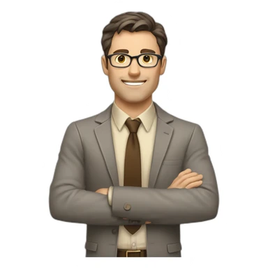 To belt Actively gesturing with hands Pale skinned fit man teacher with dark brown hair in gray jacket, beige office shirt, brown tie, brown pants and vintage glasses. sticker