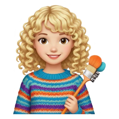 smiling model girl with curly blonde hair and bangs with brushes and colourful  knitted sweater sticker