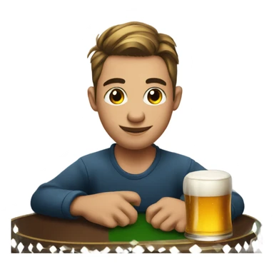 A young man at a poker table with a beer sticker