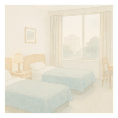 Remove the girl from the hotel room with two single beds. Maintain the soft watercolor illustration style with pastel colors, delicate linework, a gentle, whimsical mood, anime-inspired features, and minimal, soft shading. sticker