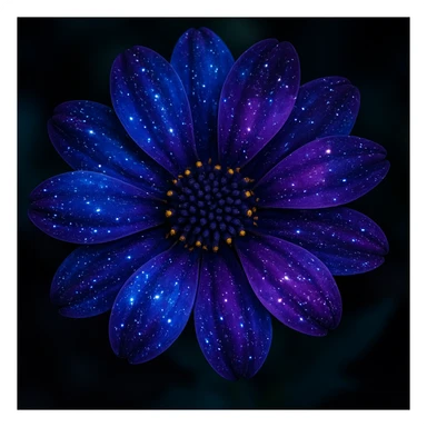 a vibrant flower with petals resembling a galaxy, deep blues and purples, scattered stardust, ethereal look sticker