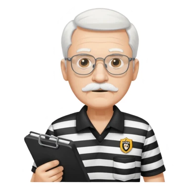 An old stern white hair and mustache, wear glasses referee with a clipboard, monitoring players closely. sticker