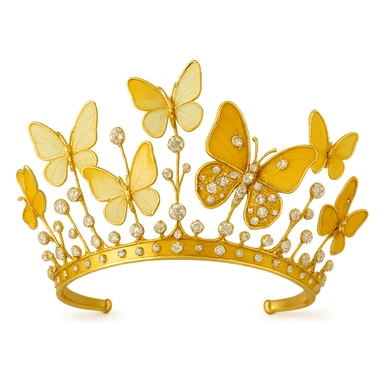 butterfly crown with a golden yellow base, butterflies in pastel and deep yellow enamel, sparkling gems sticker