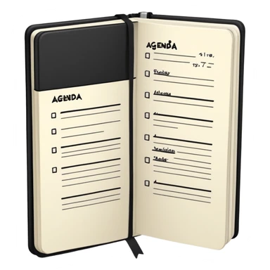 A professional-looking black Moleskine notebook opened flat showing a page with 'AGENDA' written at the top and a neat list of bullet points for meeting items sticker