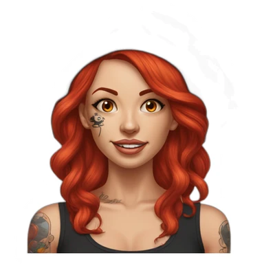 Woman long red hair on one side, tattoo on side of head. other side of head is shaved. Tattoo under shaved hair. pirate hat, skull and crossbones t shirt sticker