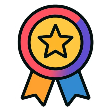 vector icon of a gold master choice badge with colorful elements, elegant minimalist flat design, award badge style, 2D flat vector, trending icon look, soft shadows, no text, isolated on white background, commercial use sticker