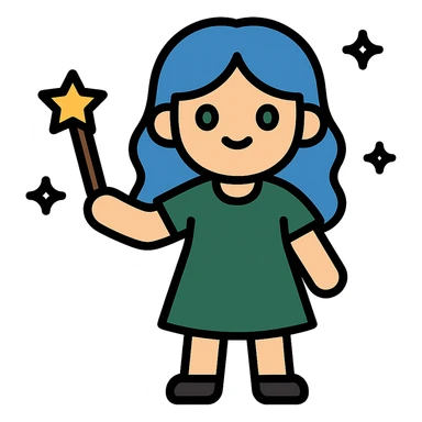full body of beautiful girl with blue hair and green eyes, holding a magic wand, wearing dark green dress, icon style sticker