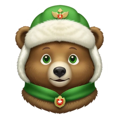 Endearing brown bear with bright green eyes, white fur ushanka hat with detailed Russian Federation emblem prominently displayed on front, iOS emoji style sticker