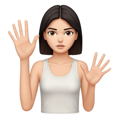 kendall jenner looking anoyed and showing one palm which is small signalising stop sticker