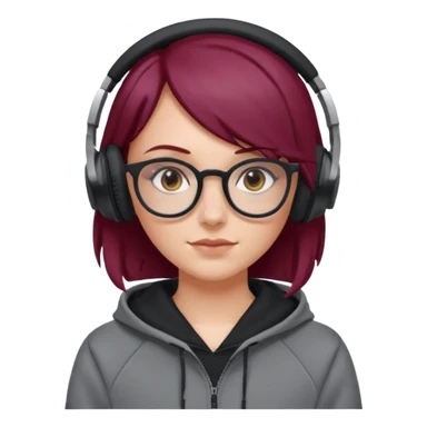 white girl with burgundy hair, gray glasses, black deportive hoodie and black headphones sticker