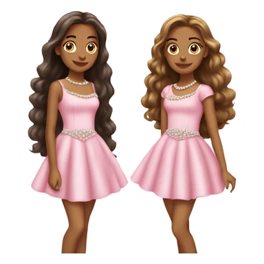 two teenage Latina twins. pink. Long hair. Pink bows. Pearls. Light pink. Diamonds dress. sticker