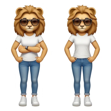 friendly anthropomorphised female lion character, full body, standing confidently with legs shoulder width apart and arms folded, wearing jeans, a white t-shirt, dark sunglasses, and trainers, with a determined expression sticker
