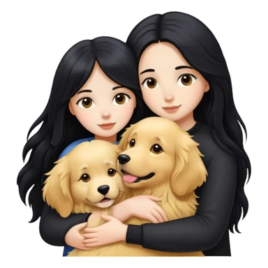 A white girl with long black  hair tightly hugged a Golden Retriever sticker