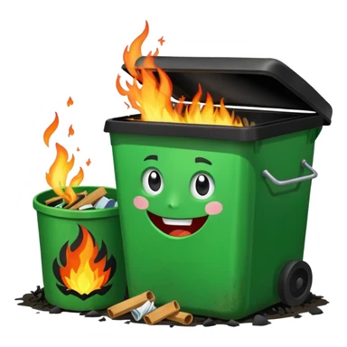 Bright green happy dumpster with an open black lid and a large fire burning only inside it. there is litter and trash on the ground around it not burning sticker