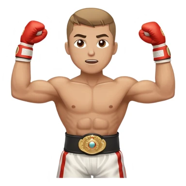 Boxing champion with arms raised in victory, wearing multiple championship belts around waist, determined expression, white hand wraps, muscular cartoon body sticker