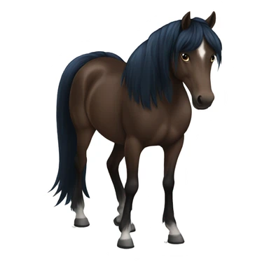 Dark brown horse, black mane and tail, a dark blue rug and halter sticker