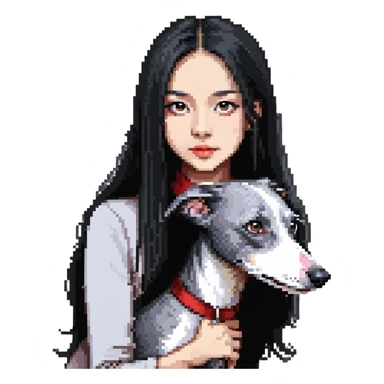 Slim Chinese girl with long black hair and her completely solid grey Italian greyhound in a cozy home setting with a fireplace, no white markings on the dog sticker