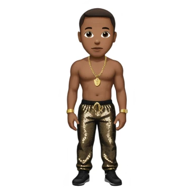 Dr Dre with dark brown hair, black sequin baggy pants, shirtless with necklace sticker