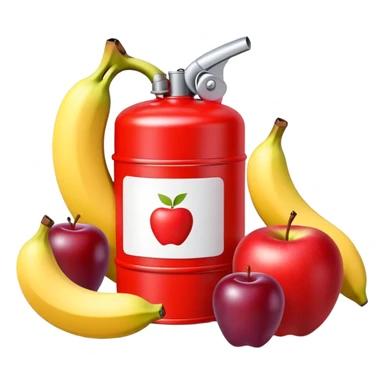 bright red gasoline canister surrounded by a banana, an apple, and grapes, red fuel can with fruits arranged around it sticker