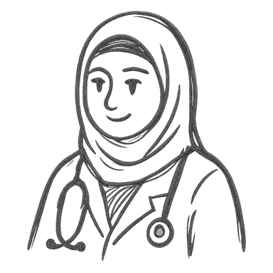 Make the hijabi a doctor with hand-drawn style and soft lines, conveying warmth and approachability. sticker