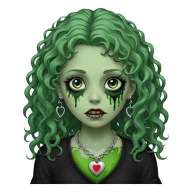a green zombie girl with a scar on her face, long curly hair, wearing a black blouse and a silver necklace with a heart pendant downcast eyes and eyeliner sticker