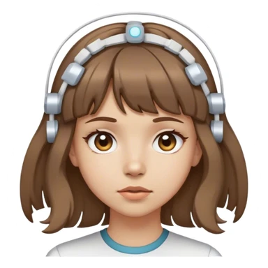 girl with light skin tone wavy brown hair and bangs wearing electrodes on her head crossed eyes sticker