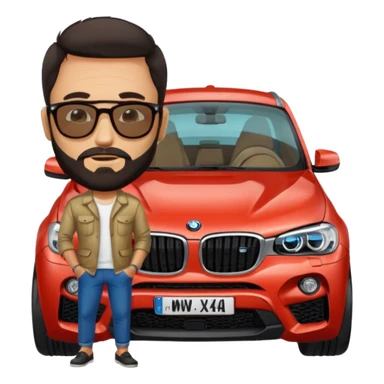 Mediterranean looking guy (beard and dark hair) on his 40's standing by his BMW X4M competition wearing rayban glasses  sticker