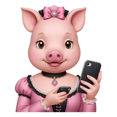 girl pig in victorian pink finery scrolling on a cell phone sticker