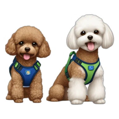 Brown toy poodle wearing dark blue harness and all white Maltese wearing green harness sticker