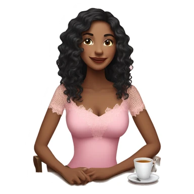 pretty light brown woman with long black curly mid length hair drinking tea wearing pink lace top sticker