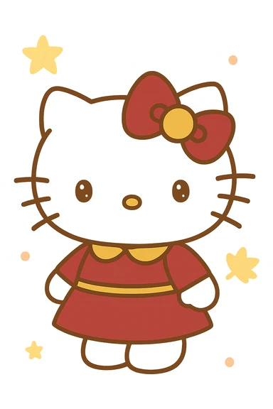 Hello Kitty Autumn Style, with a burgundy and metallic gold bow, and a matching outfit sticker