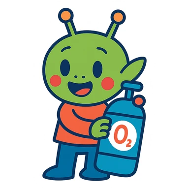 smiling alien character holding an oxygen tank, cartoon style, simple background, cheerful vibe sticker