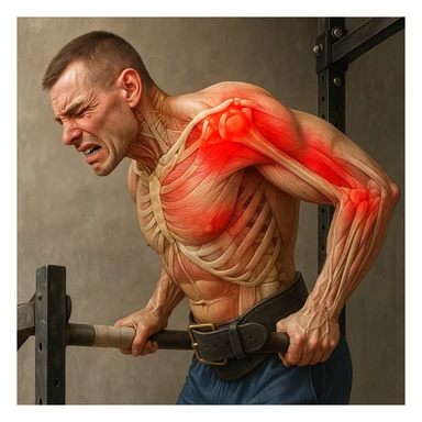 Hyperrealistic 4K anatomical illustration of a man performing a dip on parallel bars in a lateral position as in the reference image. Expression of shoulder discomfort and pain. Highlight muscles and bones of the shoulder with red areas indicating pain. Realistic anatomical details, gym atmosphere. Variant 1. sticker