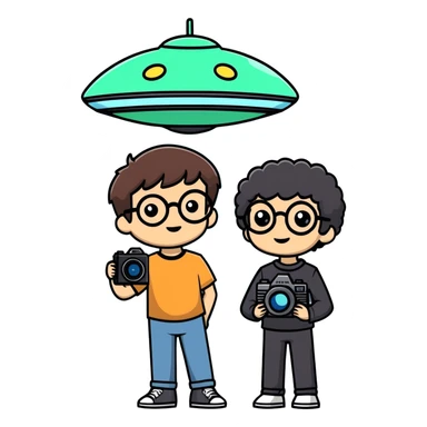 A little boy with straight black medium-length hair, white skin, and black eyes wearing black-framed glasses is taking photos on a UFO with a camera. Beside him, there is an alien and a brown round-headed poodle. sticker