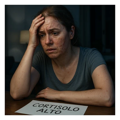 hyperrealistic 4K detailed image of a woman with PCOS and high cortisol, face with acne, chin hair, thin hair, very stressed expression, sweating on forehead, sheet with 'CORTISOLO ALTO' written on the table, nighttime home environment, blue light sticker