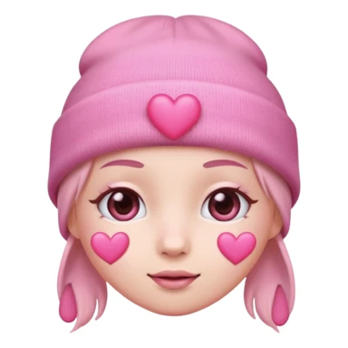 a pastel pink love face emoji with pink hearts in the eyes, pink beanie hat on  sticker